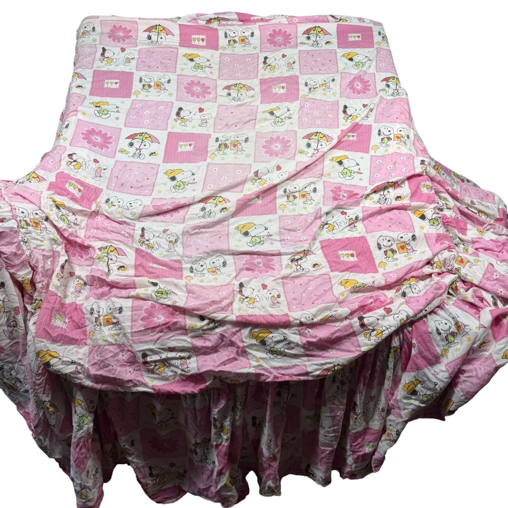 Vintage 80s Rare Peanuts Snoopy Belle Pink Patchwork Fitted Sheet Ruffle Full
